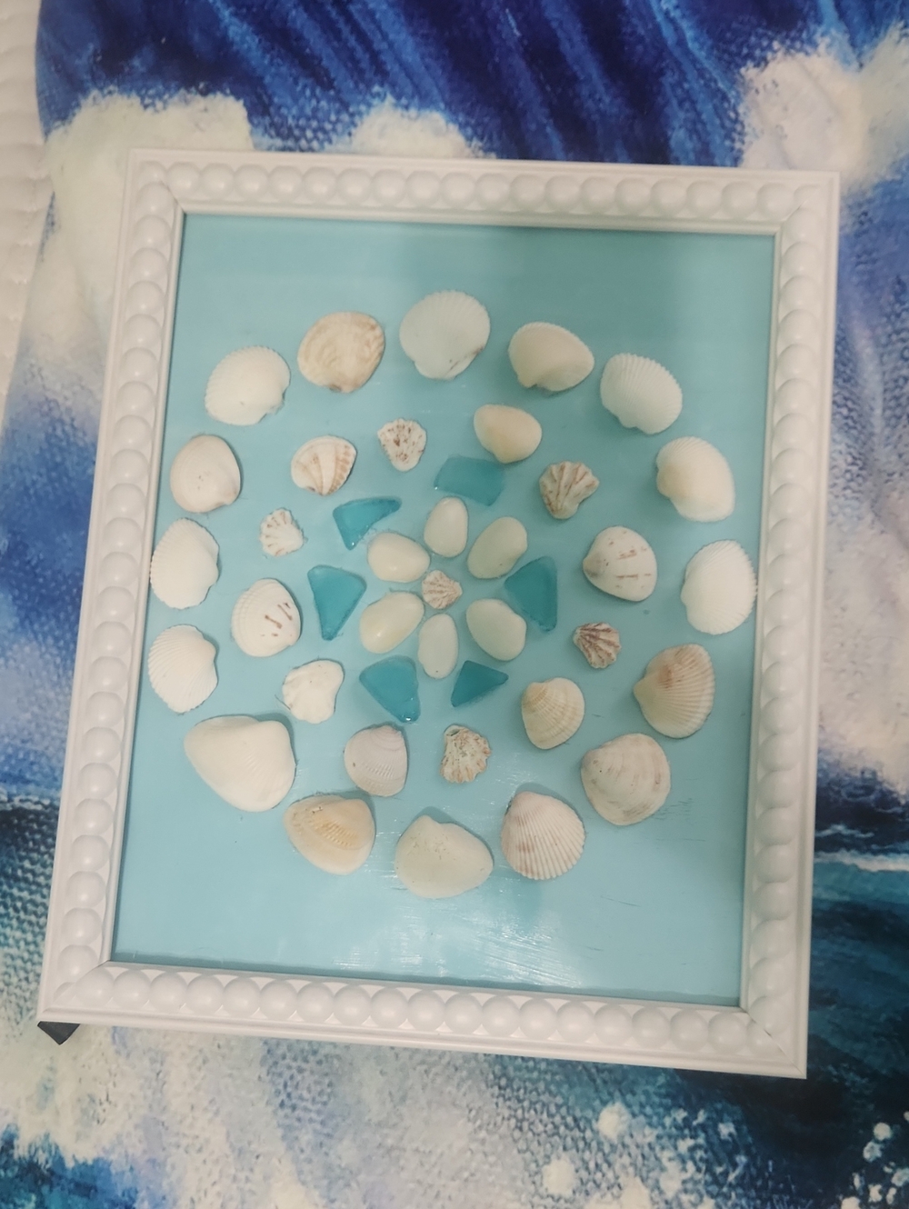 Seashell and Sea Glass Framed Art - Sky Blue Background